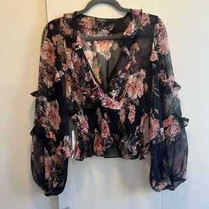 Bardot Black Blouse with pink flowers